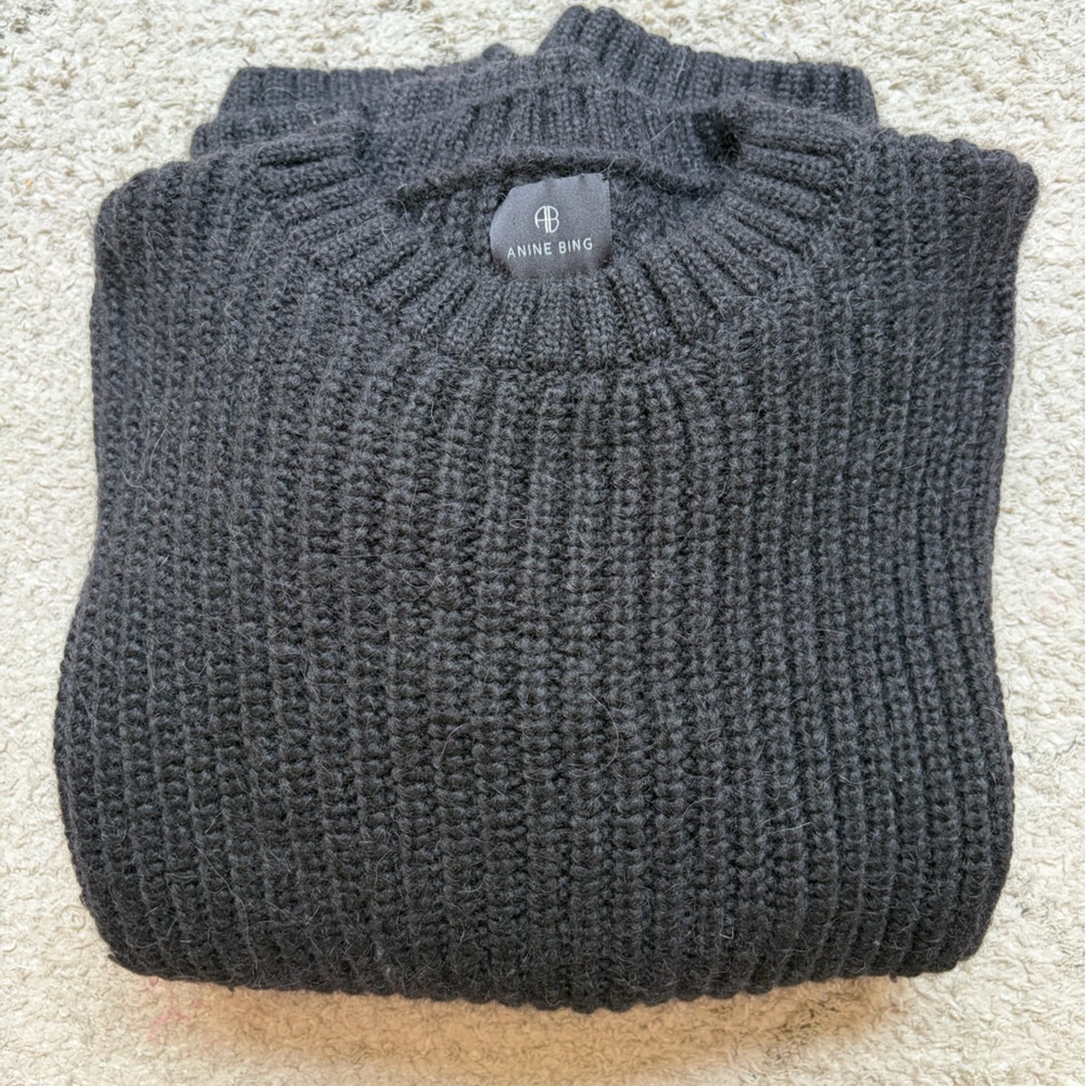 ANINE BING Sydney ALPACA Wool Sweater Womens Large Crew Neck Relaxed Fit Black - Picture 2 of 8